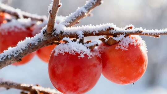 枝头覆雪的红柿子特写