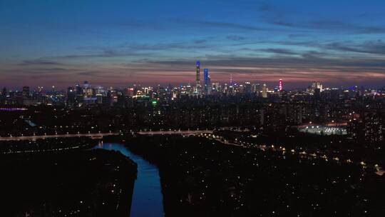 上海傍晚大气夜景全景航拍