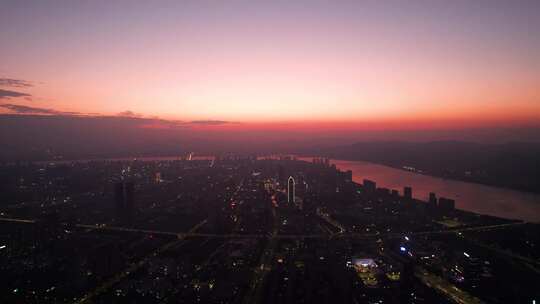 杭州滨江城市晚霞风景航拍