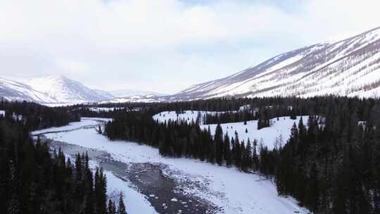 航拍新疆冬季喀纳斯神仙湾晨雾雪山森林冰河