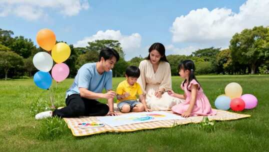 温馨家庭幸福一家人户外童年陪伴成长ai素