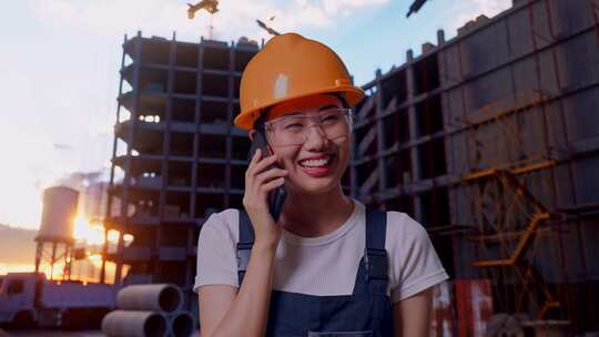 亚洲女工在智能手机上聊天并环顾建筑工地的