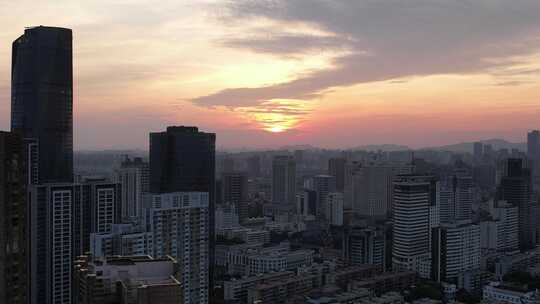 浙江宁波城市晚霞夜幕降临航拍