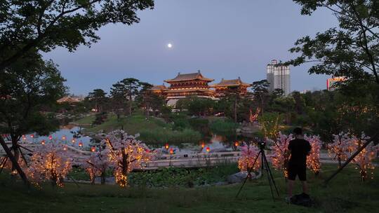 航拍九洲池夜景灯光秀古风