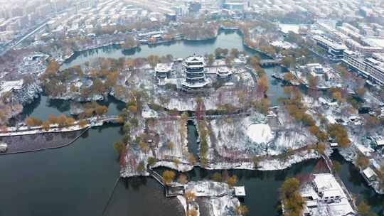 大明湖 五龙潭 解放阁泉城广场雪景济南下雪