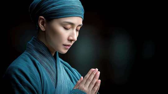 唐朝女子身着青衣祈祷神情庄重肃穆