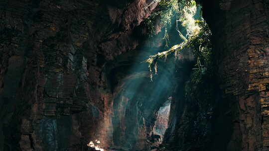 一道迷人的绿光穿过神秘洞穴的入口视频素材模板下载