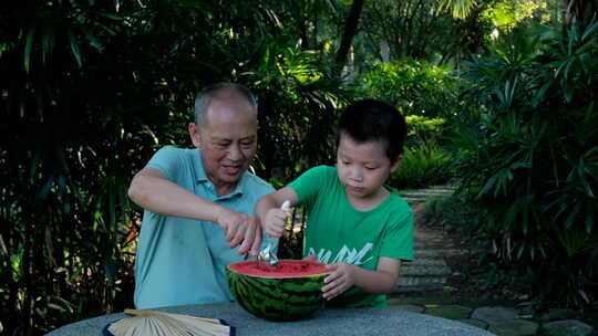 炎热夏天树下乘凉 老爷爷和孙子一起吃西瓜视频素材模板下载