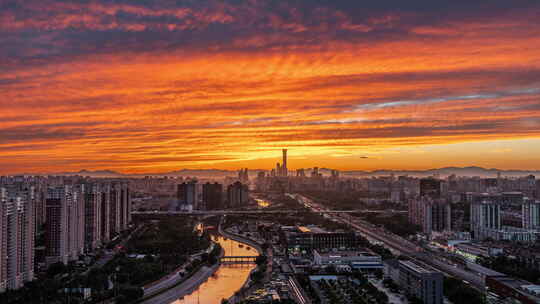 北京城市风光国贸通惠河同框晚霞日转夜延时