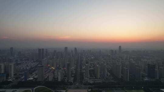 山东日照城市夕阳晚霞日落航拍