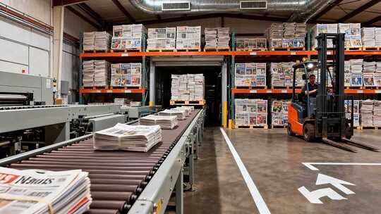 仓库内叉车搬运报纸场景
