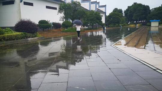 雨天石板台阶行人行走