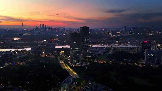 中国广东广州生物岛日落夜景航拍