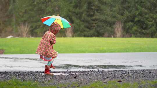 孩子在雨中踩在水坑里