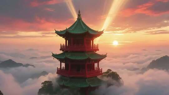 云海中的中式古亭日落景象