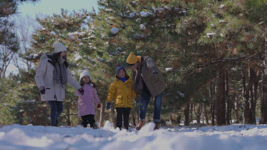 快乐家庭在雪地里玩耍