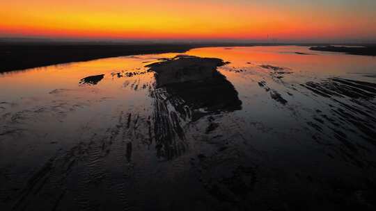 黄河河道夕阳自然风景航拍