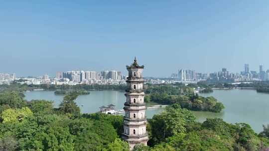 惠州西湖景区航拍惠州西湖泗洲塔湖泊风景