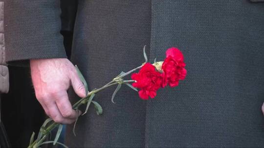 一个男人手里拿着两朵红色康乃馨