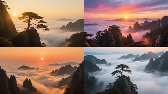 航拍黄山云海日出延时黄山迎客松日出延时