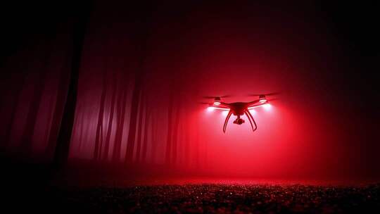 迷雾森林深处红光无人机夜间巡航
