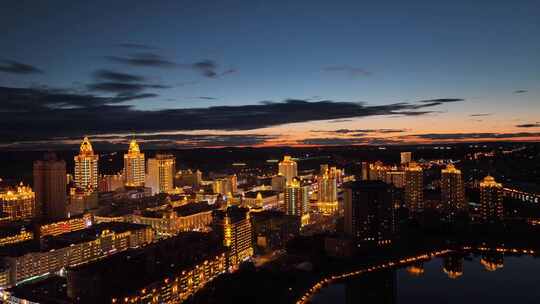 中国内蒙古呼伦贝尔满洲里市城市日落风光视频素材模板下载
