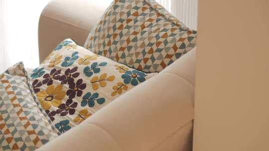 室内沙发及彩色花纹抱枕