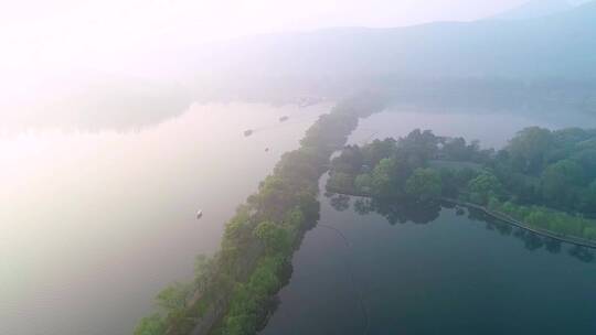 4K航拍杭州西湖早晨梦幻雾景视频合集
