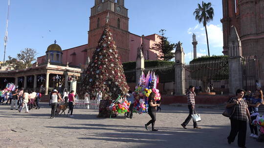 墨西哥圣米格尔广场上的圣诞树和游客