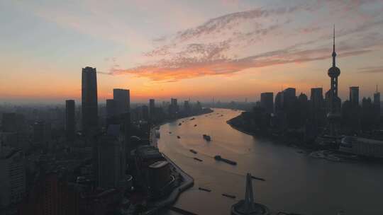 上海浦东陆家嘴黄浦江东方明珠朝霞日出航拍