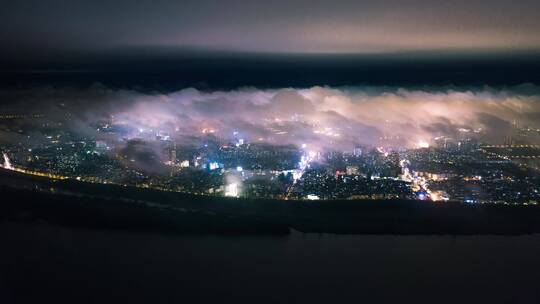 航拍鄂州市平流雾夜景城市夜景航拍延时