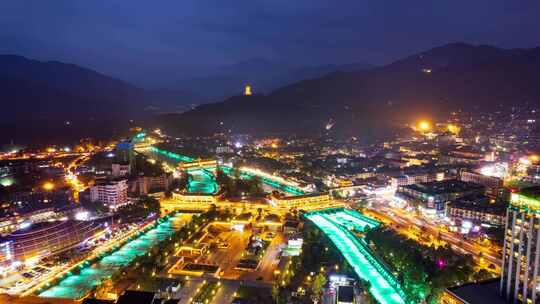 成都市都江堰景区和灌县古城夜景航拍延时