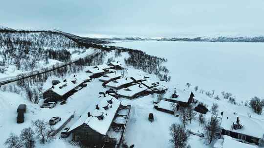 4K航拍北欧芬兰冰川小镇雪景风光