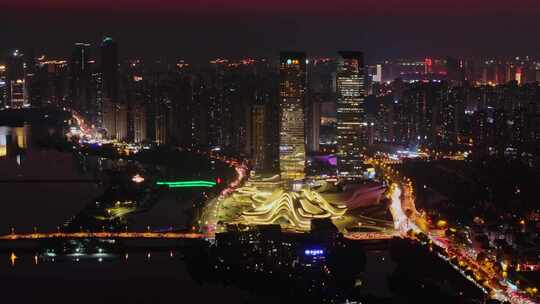 湖南长沙梅溪湖城市夜景航拍风光