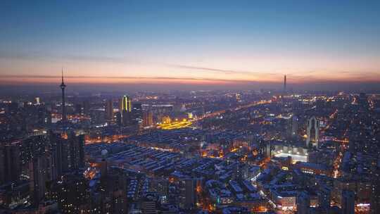 航拍天津城市夕阳夜景