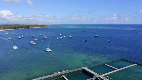 蓬塔卡纳的海豚探险家海滨公园，海豚体验，加勒比海；无人机