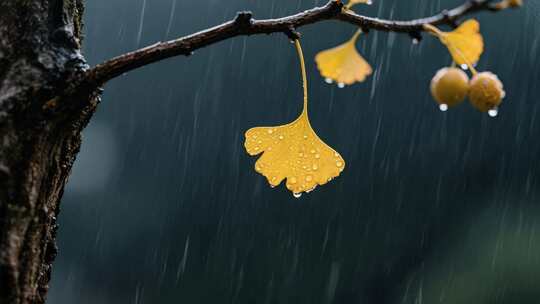 立秋雨中银杏叶唯美秋景意境视频