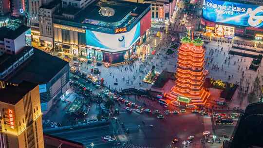 中国河南郑州二七广场 二七塔夜景延时航拍