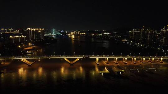 航拍杭州钱塘江跨河大桥夜景