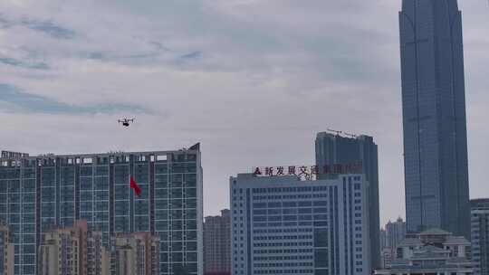 南宁国庆节氛围航拍无人机挂红旗