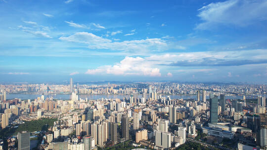 航拍蓝天白云晴朗天空武汉城市全景