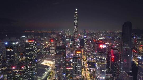 航拍深圳福田城市天际线灯光内透夜景