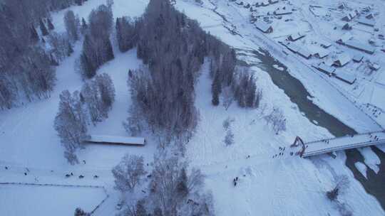 雪山森林河流村庄航拍