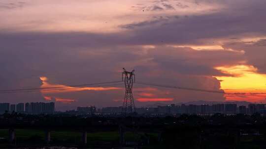 夕阳电塔城市航拍