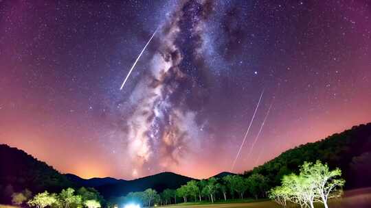 山间夜空流星银河景象