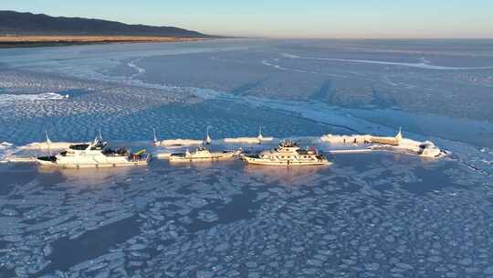 青海海南青海湖冰面龙船航拍视频