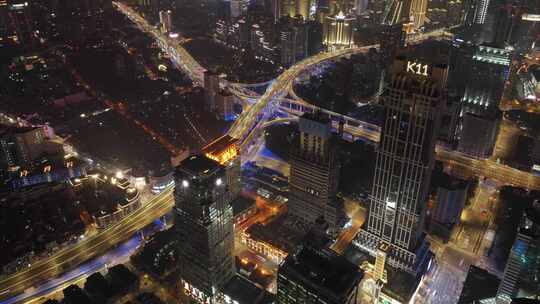 上海黄浦区延安东路夜景航拍延时城市高楼大