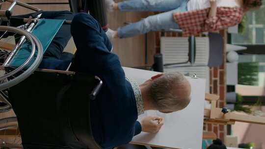 垂直视频残疾老人用铅笔画杰作