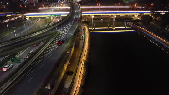 高架桥车流夜景航拍