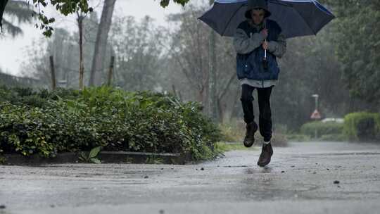 下雨时男孩跳进水坑